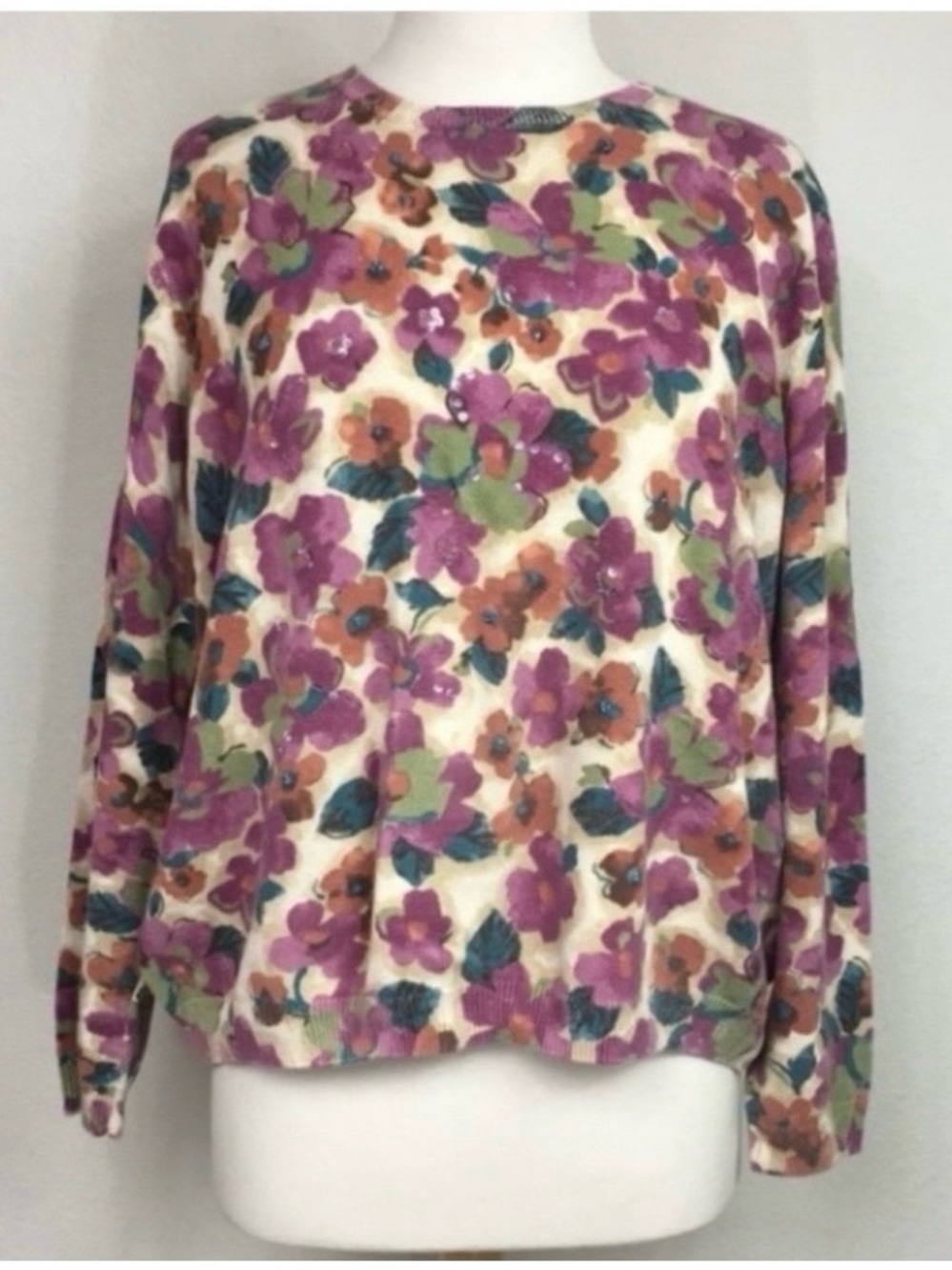 Alfred Dunner Women Plum Cream Floral Sequins Crew Cotton Mix Sweater XL Classic